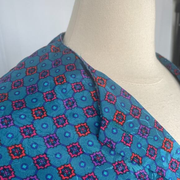 Vintage Blouse Top Size Small Blue Red Scarf Print Satin Long Sleeve Secretary - Picture 10 of 15